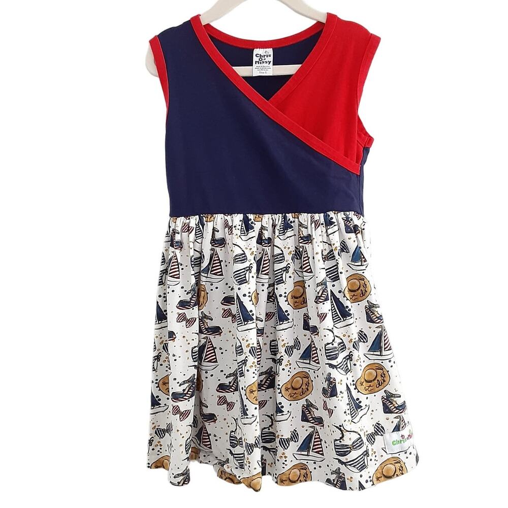 Chris N Missy Faux Wrap Twirl Dress Girls 5 Nautical Sailboat Patriotic Summer